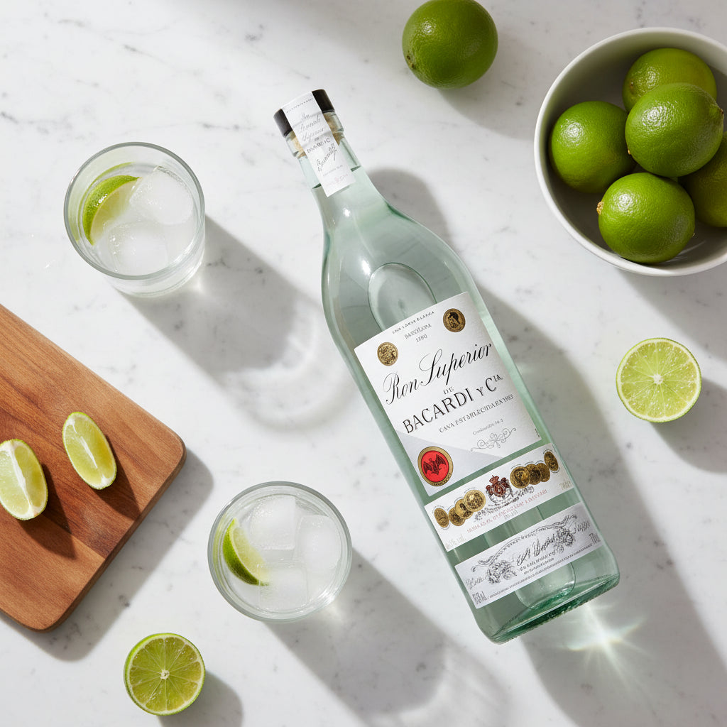 Load image into Gallery viewer, Bacardi Ron Superior Heritage Rum bottle with two glasses of lime cocktails on a marble surface.