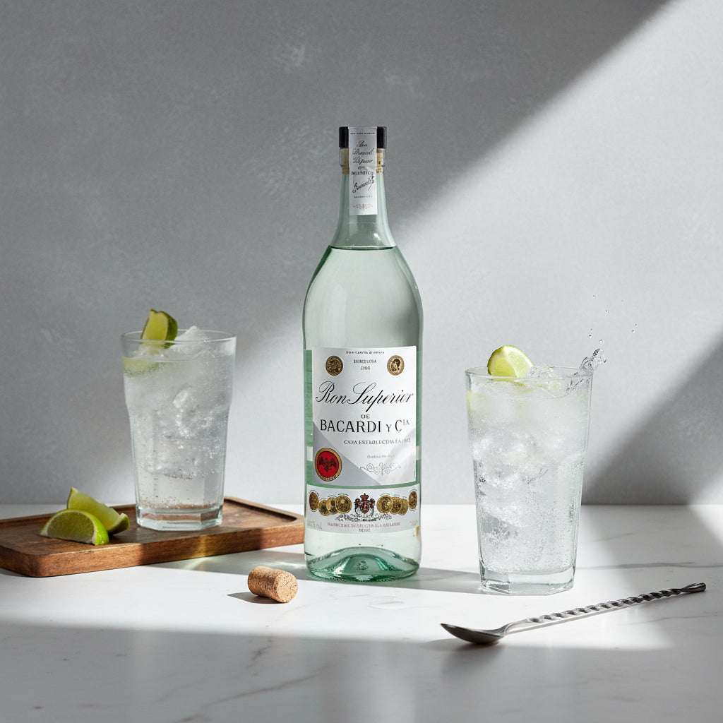Load image into Gallery viewer, Bacardi Ron Superior Heritage Rum bottle with two glasses of lime wedges and ice on a marble surface.
