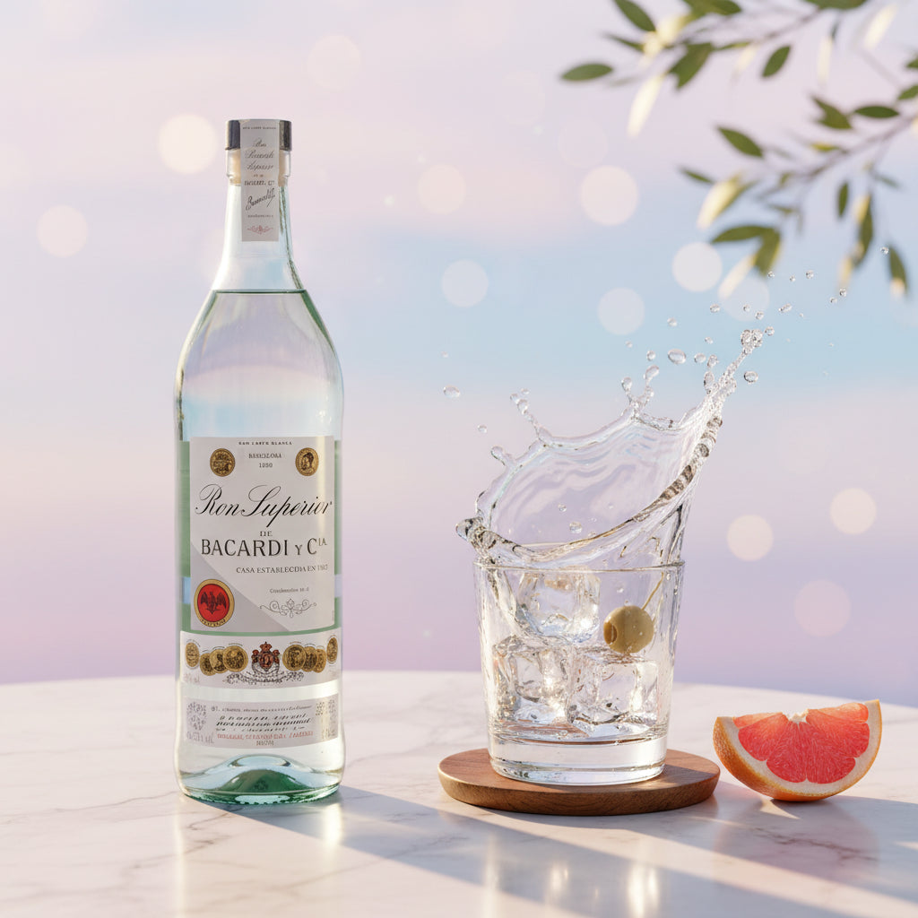 Load image into Gallery viewer, Bacardi Ron Superior Heritage Rum bottle with a glass of water and a slice of grapefruit on a blurred outdoor background