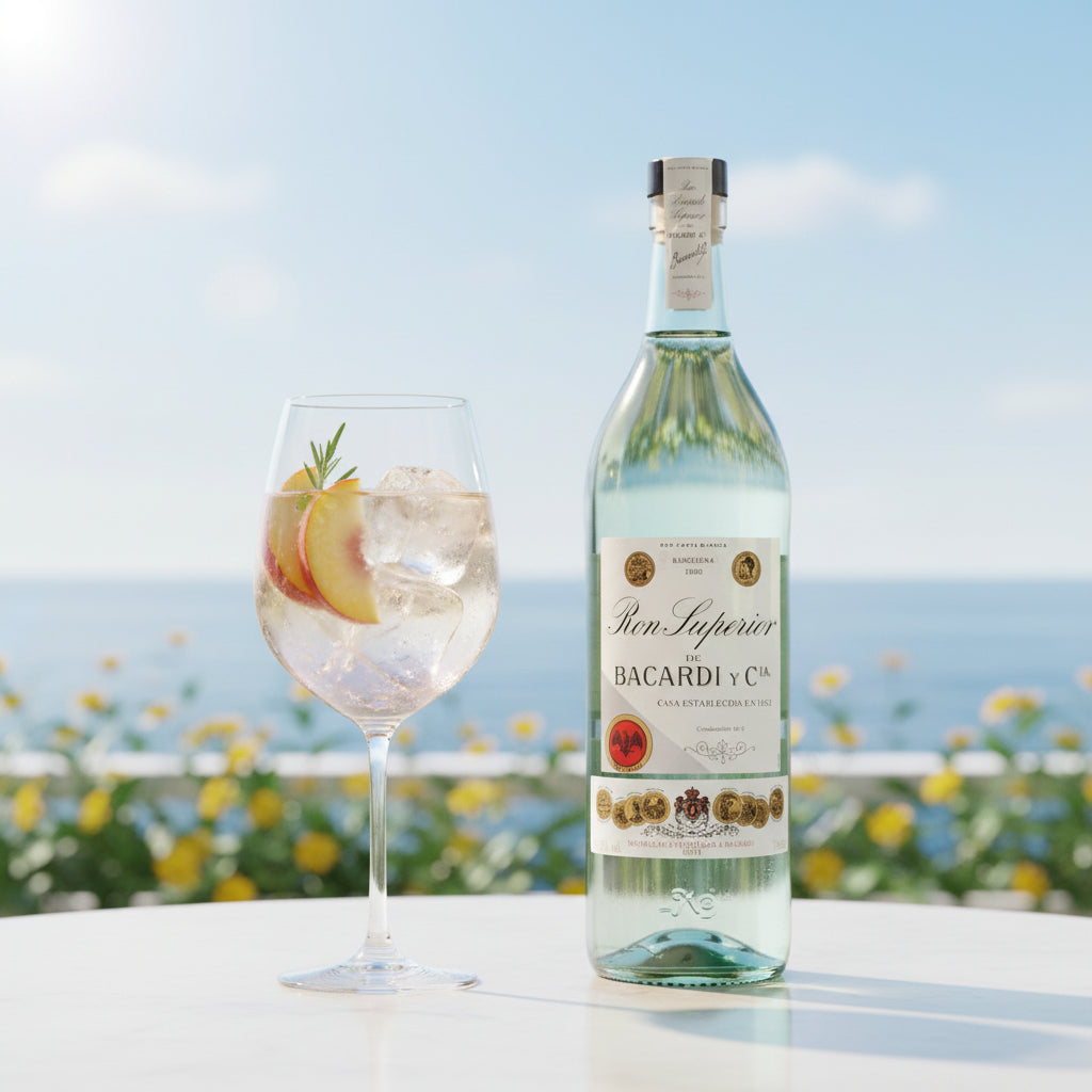 Load image into Gallery viewer, Bacardi Ron Superior Heritage Rum bottle with a glass of cocktail on a table with a scenic background