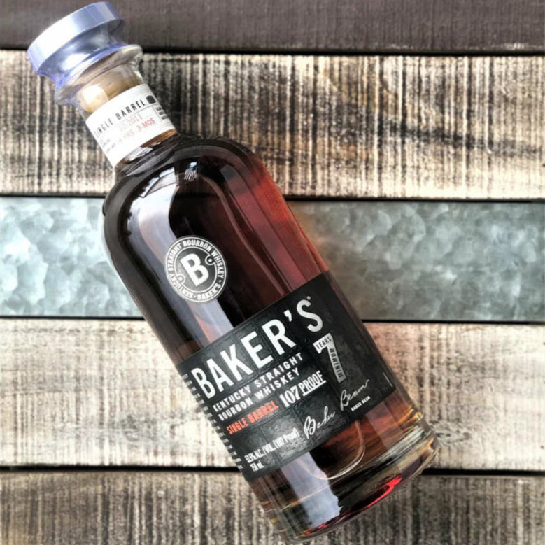 Baker's whiskey bottle on a wooden surface