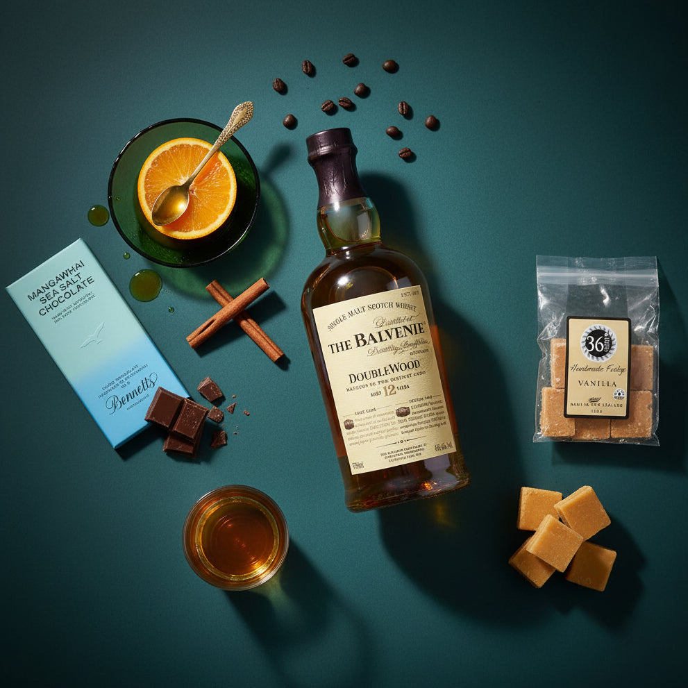 Load image into Gallery viewer, A styled flat-lay featuring a bottle of The Balvenie Doublewood 12yo single malt whisky, surrounded by chocolate and tea accessories on a dark teal background. The arrangement includes a glass of amber whisky, a glass of orange juice with an orange slice and spoon, a blue box of Bennetts chocolate, cinnamon sticks, coffee beans, and a packet of 36 Degrees vanilla fudge.