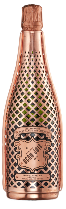 An image of a bottle of Beau Joie Brut Champagne 750ml in its stunning copper metal jacket.