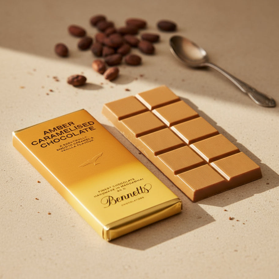 Load image into Gallery viewer, Bennett's amber caramelised chocolate bar with packaging on a beige surface.
