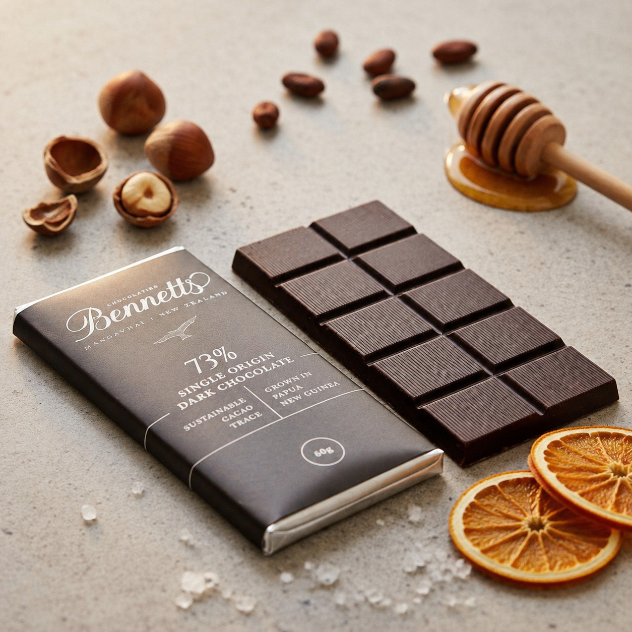 Load image into Gallery viewer, A bar of Bennett 73% single-origins dark chocolate next to its dark gray wrapper, styled with hazelnuts, dried orange slices, and a wooden honey dipper on a textured gray surface.