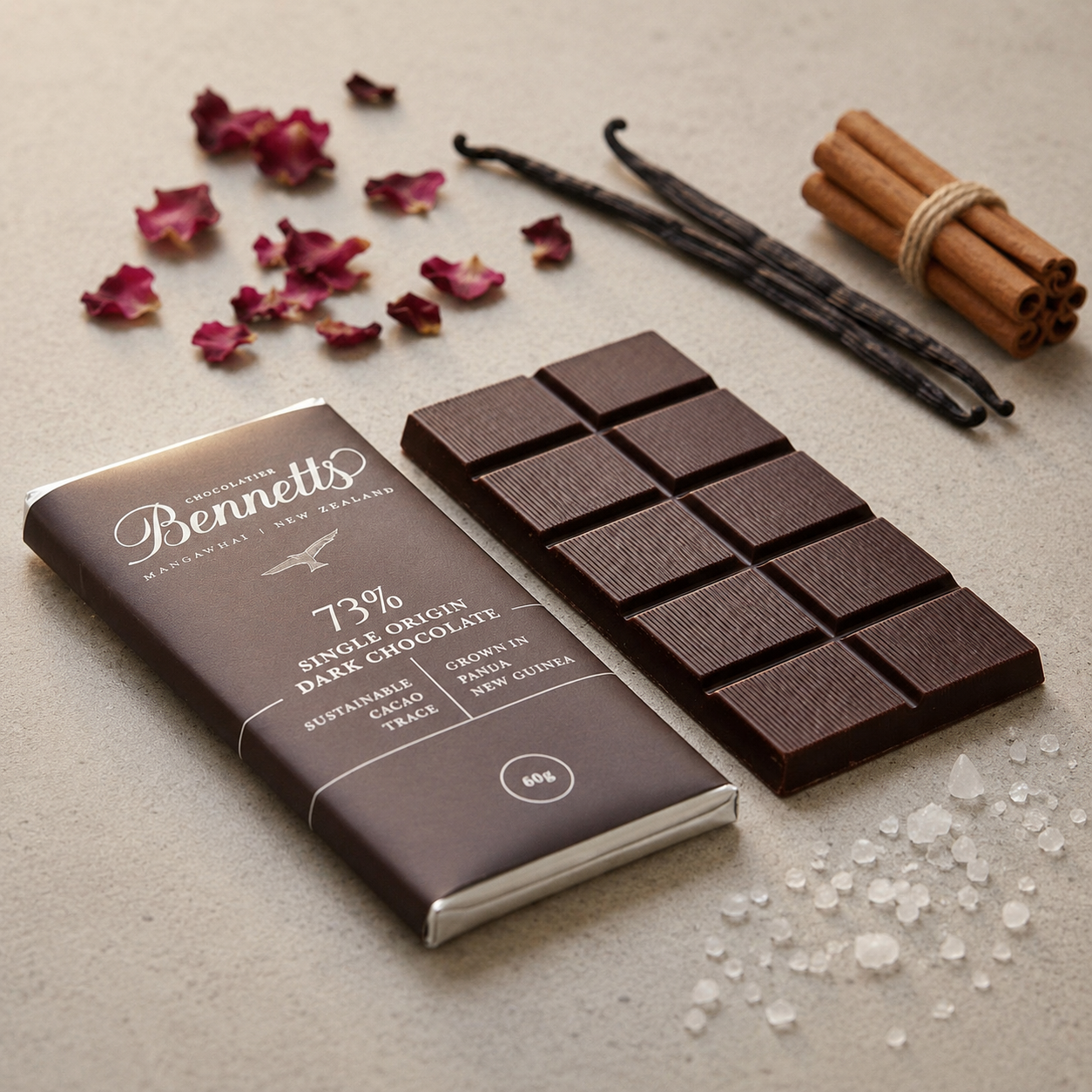 Load image into Gallery viewer, A 60g bar of Bennett's 73% Single Origin Dark Chocolate shown with its dark brown wrapper and a partially unwrapped chocolate section, styled on a neutral beige surface with vanilla beans, cinnamon sticks, dried rose petals, and coarse salt.
