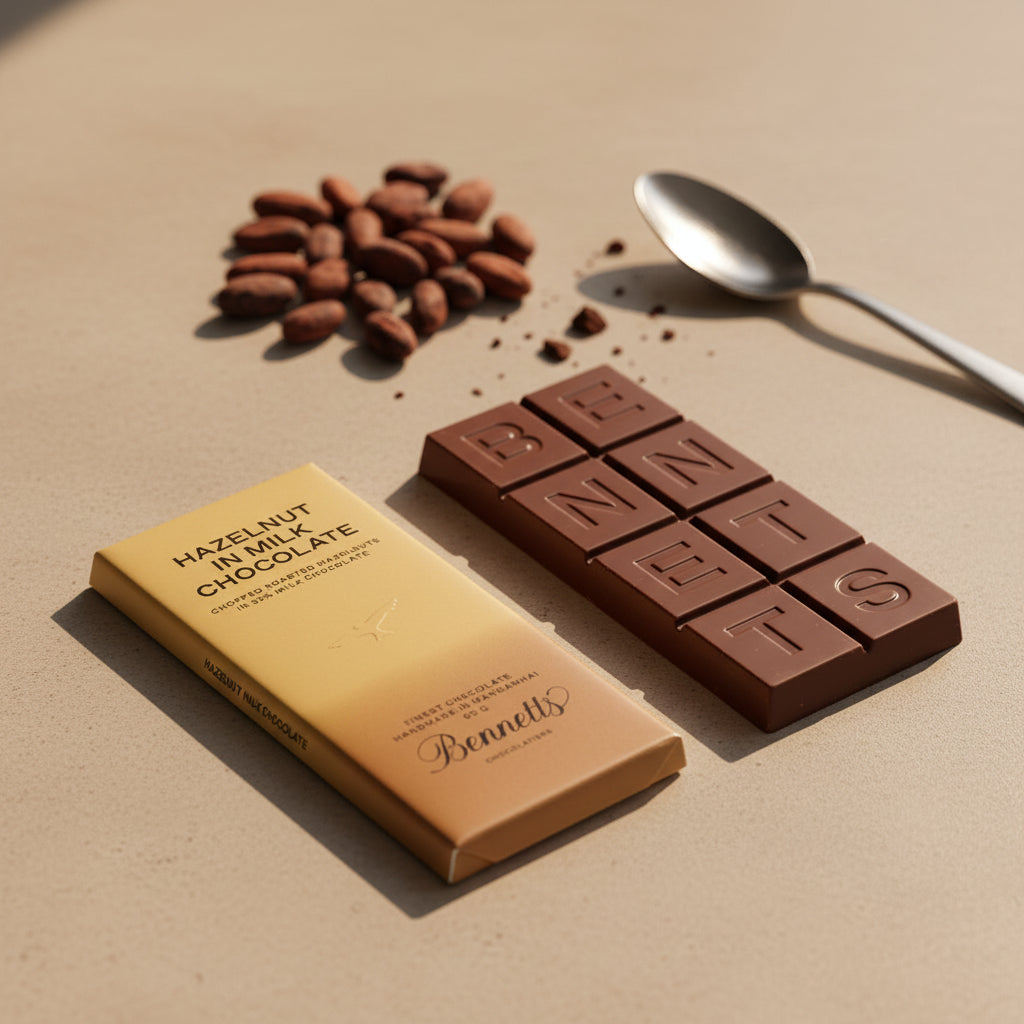 Load image into Gallery viewer, Bennetts Hazelnut Milk Chocolate bar and packaging on a beige surface with cacao beans and a spoon.