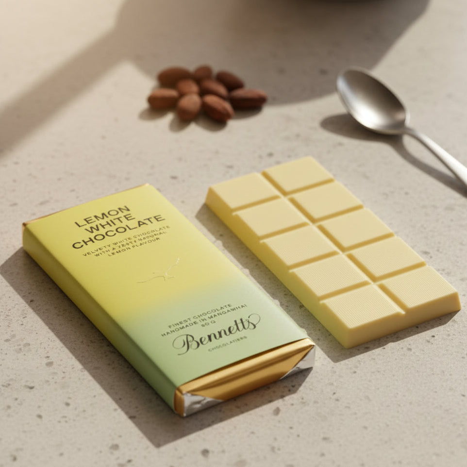 Load image into Gallery viewer, Lemon white chocolate bar with packaging on a light surface, surrounded by almonds and a spoon.