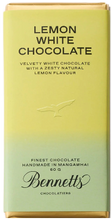 Load image into Gallery viewer, A bar of Bennetts Lemon White Chocolate with a yellow packaging, labeled as &#39;finest chocolate handmade in Mangawhai 60g&#39;.