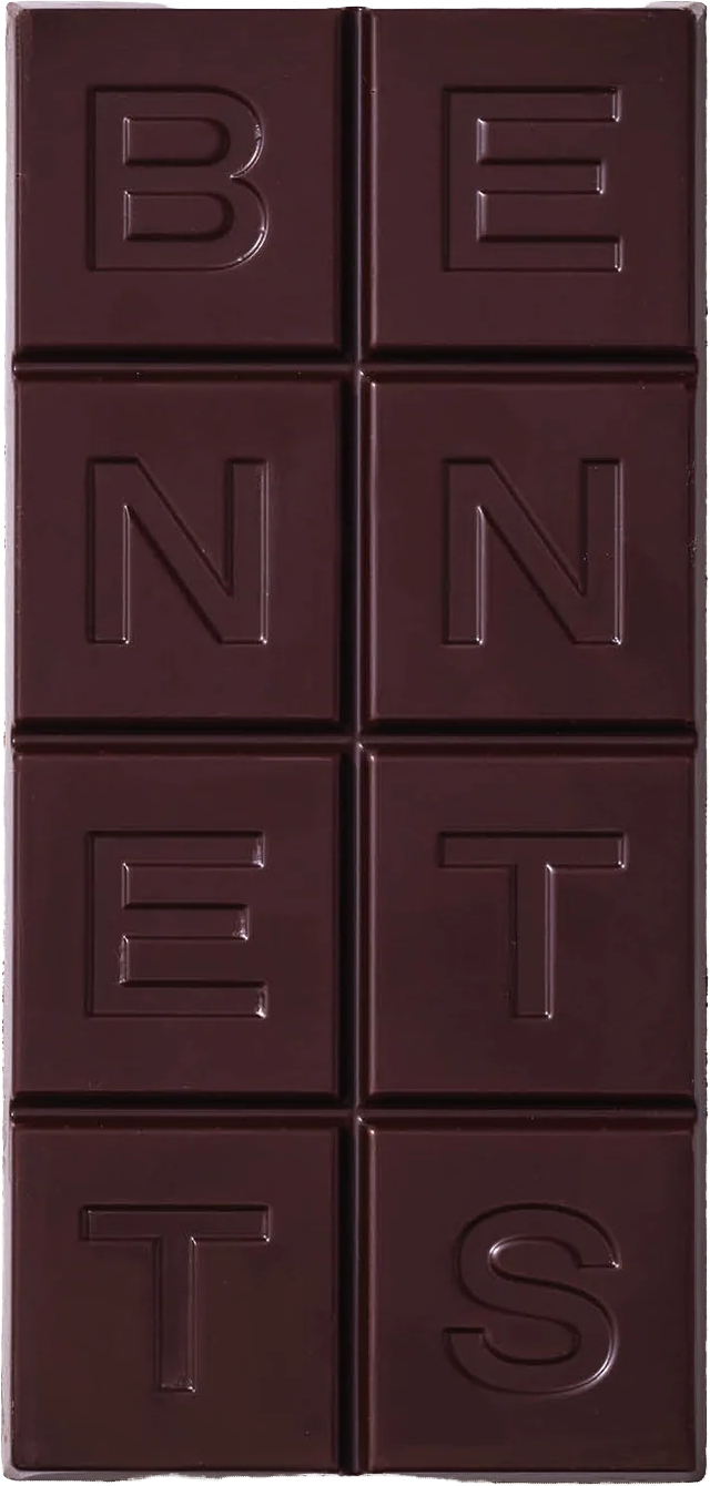 Load image into Gallery viewer, Dark chocolate bar with 'BENNETTS' branding on a dark background