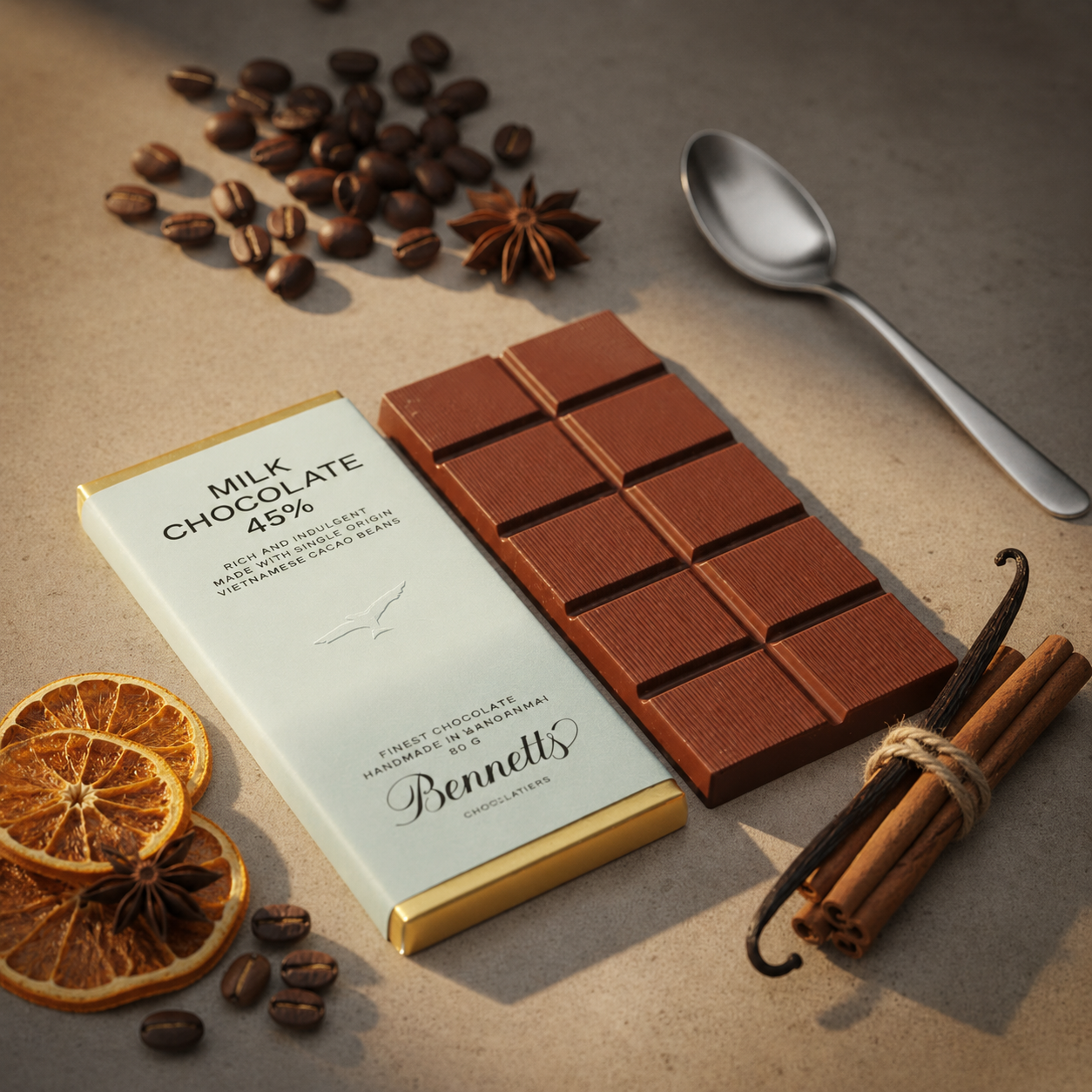 Load image into Gallery viewer, A Bennetts milk chocolate bar package labeled 'MILK CHOCOLATE 45%' beside a segmented milk chocolate bar, styled with coffee beans, star anise, dried orange slices, cinnamon sticks, a vanilla bean, and a spoon on a neutral surface.