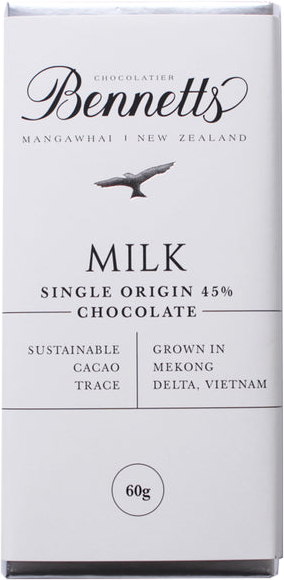 An image of a bar of Bennetts Milk Chocolate Bar, local Kiwi handcrafted NZ Chocolates