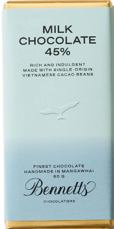 An image of a bar of Bennetts Milk Chocolate Bar, local Kiwi handcrafted NZ Chocolates