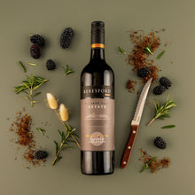 Load image into Gallery viewer, Beresford-Estate-McLaren-Vale-Shiraz bottle with blackberries, herbs, and a knife on a green background