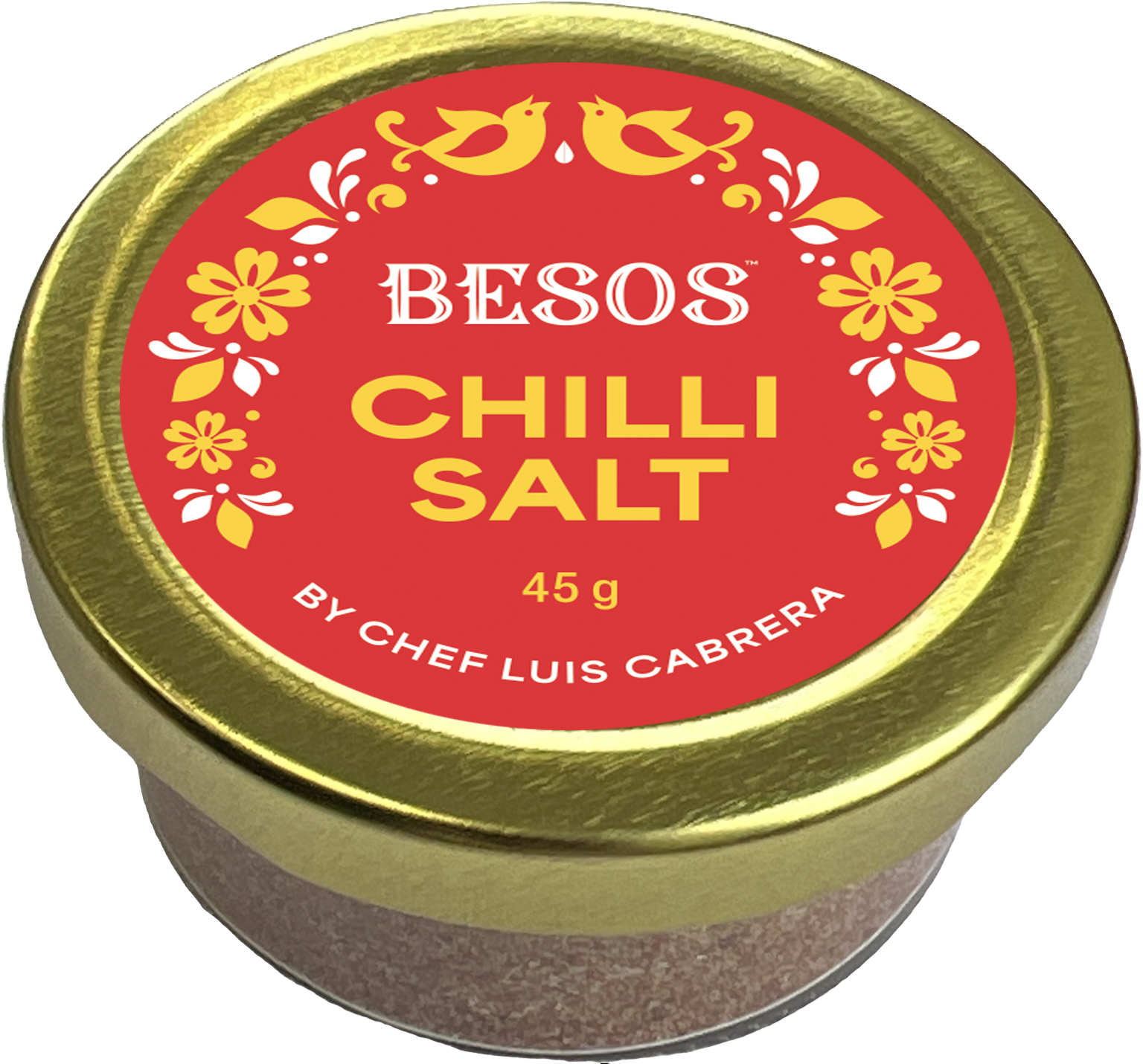 Load image into Gallery viewer, Jar of Besos Chilli Salt by Chef Luis Cabrera with a red label and gold lid.