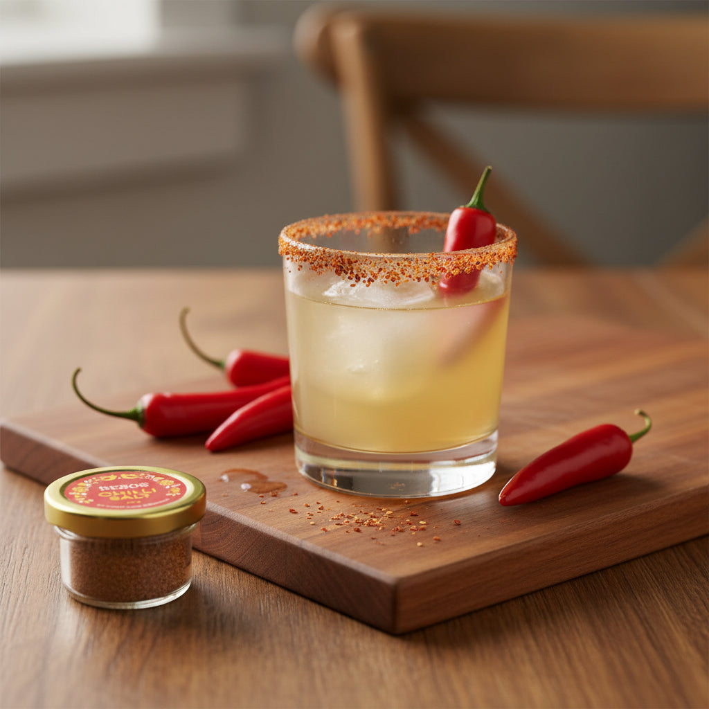 Load image into Gallery viewer, Cocktail with a jar of Besos Chilli Salt by Chef Luis Cabrera on a wooden cutting board