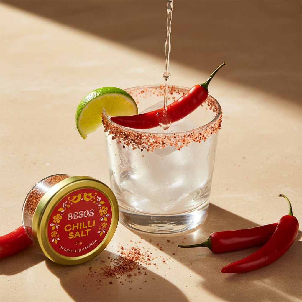 Load image into Gallery viewer, Glass with chili salt rim, lime, and red chili peppers on a beige surface with a jar of Besos Chilli Salt by Chef Luis Cabrera.