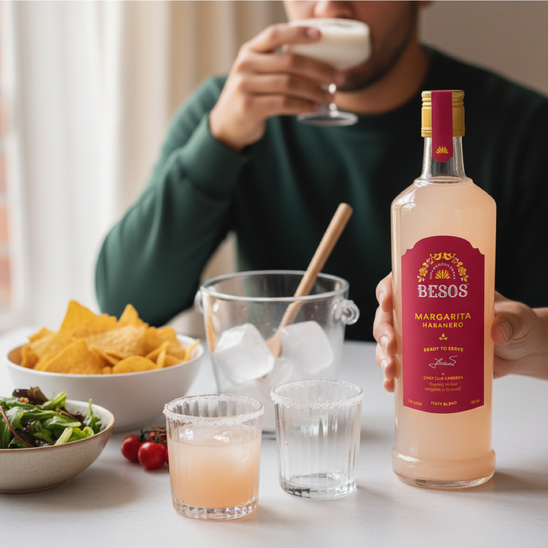 Load image into Gallery viewer, Person holding a glass of a pink margarita with a bottle of Besos Margarita Habanero ready to serve spicy cocktail  in the foreground.