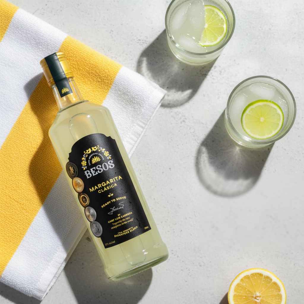 Load image into Gallery viewer, A bottle of Besos Margarita Clasica ready to serve cocktail next to two cocktails on a beach towel