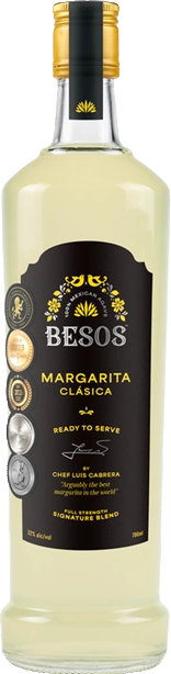 Bottle of Besos Margarita Clasica ready to serve cocktail with a black label on a white background