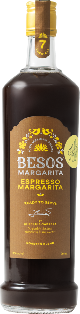 Bottle of Besos Espresso Margarita with a brown label