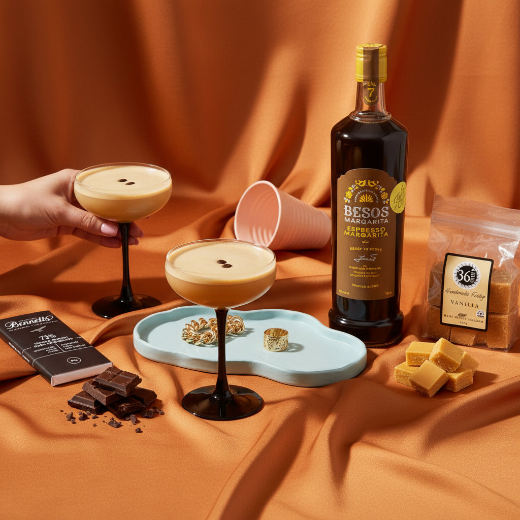 Load image into Gallery viewer, Bottle of Besos Espresso Margarita with two cocktails, vanilla fudge and dark chocolate on an orange fabric background
