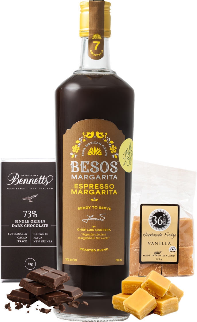 Load image into Gallery viewer, Bottle of Besos Espresso Margarita with chocolate and vanilla products in the background