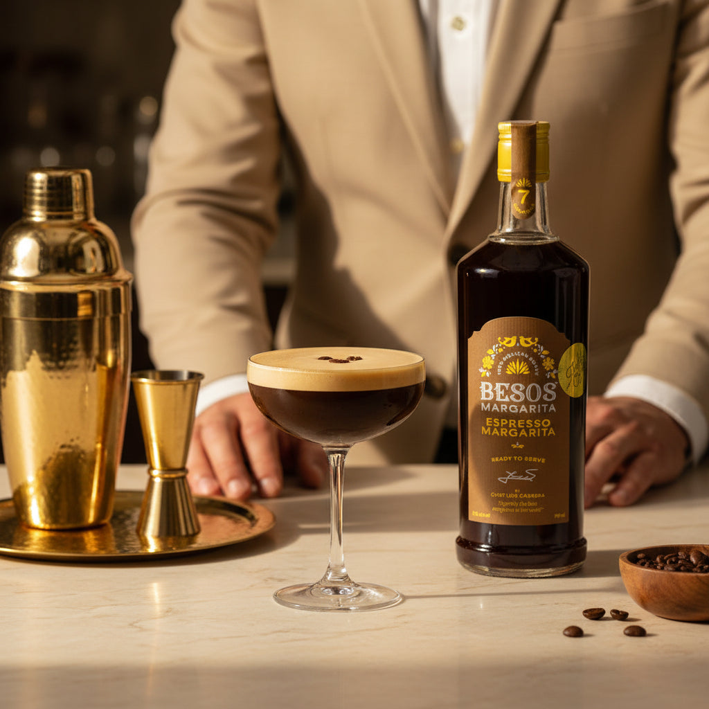 Load image into Gallery viewer, Besos Espresso Margarita bottle with a cocktail and bar tools on a table.