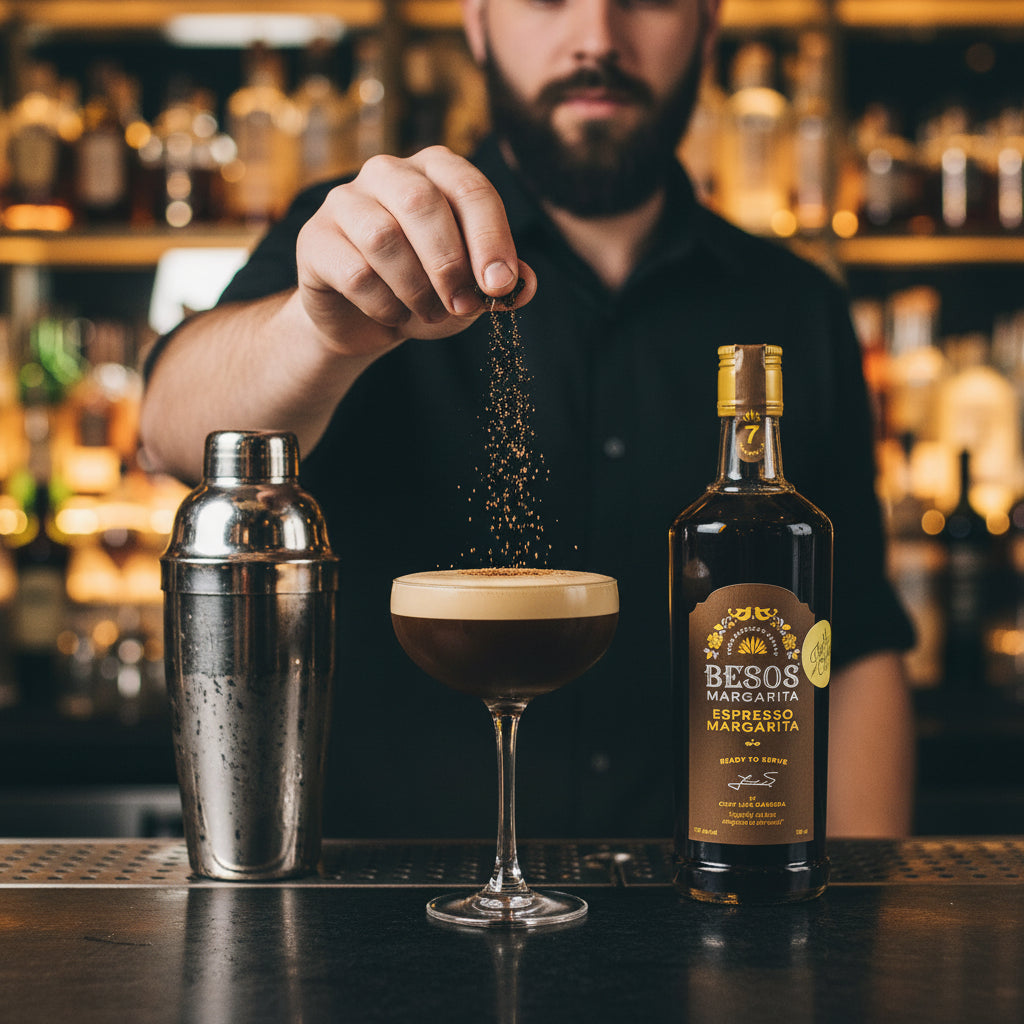 Load image into Gallery viewer, Barman preparing a cocktail with Besos Espresso Margarita bottle in the background