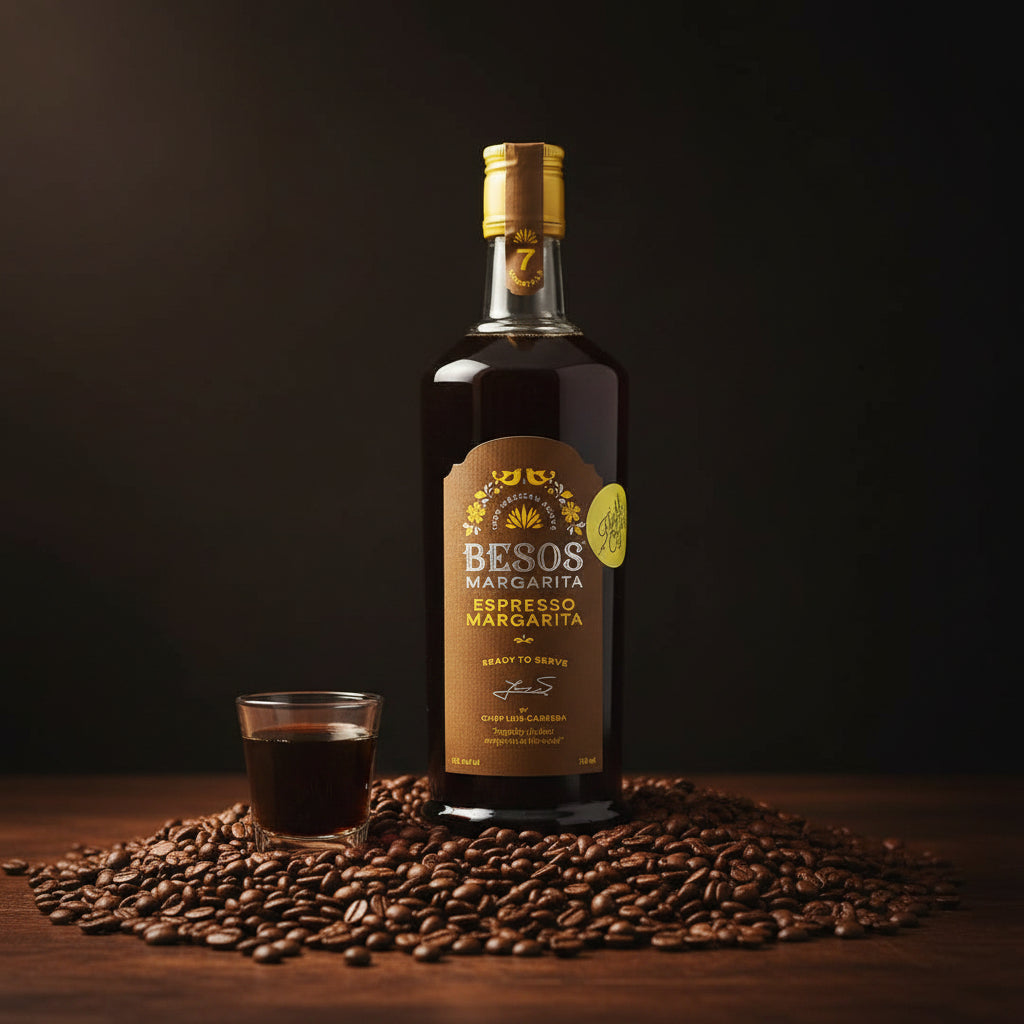 Load image into Gallery viewer, Bottle of Besos Espresso Margarita with a glass on a bed of coffee beans against a dark background