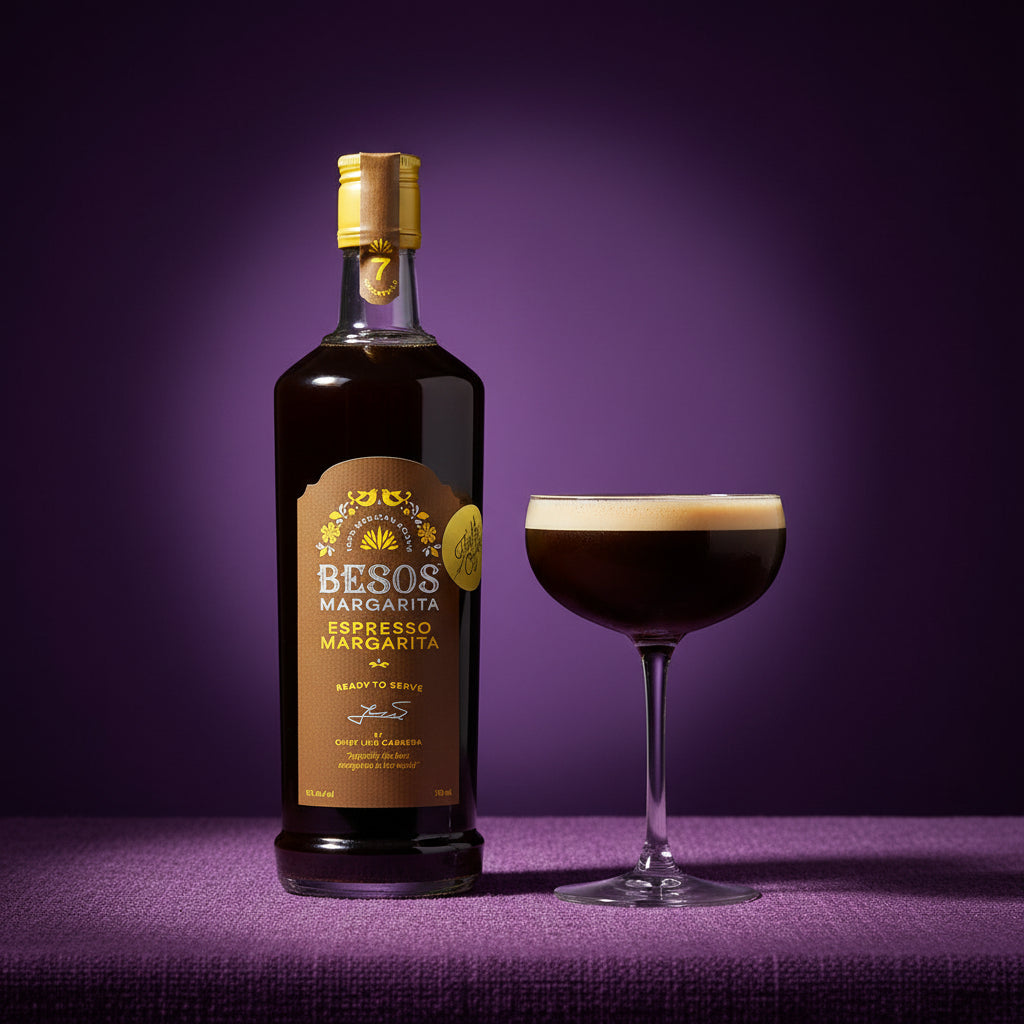 Load image into Gallery viewer, BESOS Margarita Espresso Margarita bottle with a glass of the cocktail on a purple background