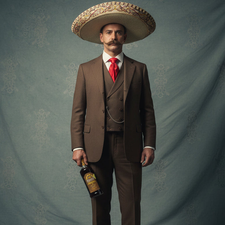 Load image into Gallery viewer, Man in a brown suit and sombrero holding a bottle of Besos Margarita Espresso against a patterned curtain background