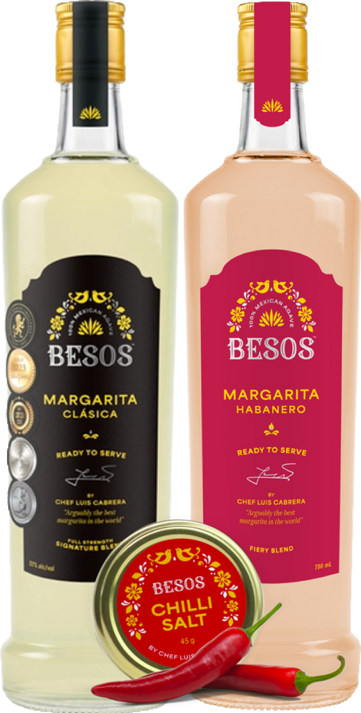 Two bottles of Besos margarita and a container of BESOS chili salt on a white background