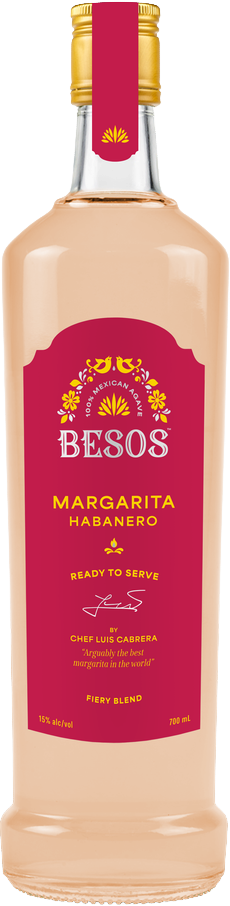 Bottle of Besos Margarita Habanero ready to serve spicy cocktail with a pink label on a white background