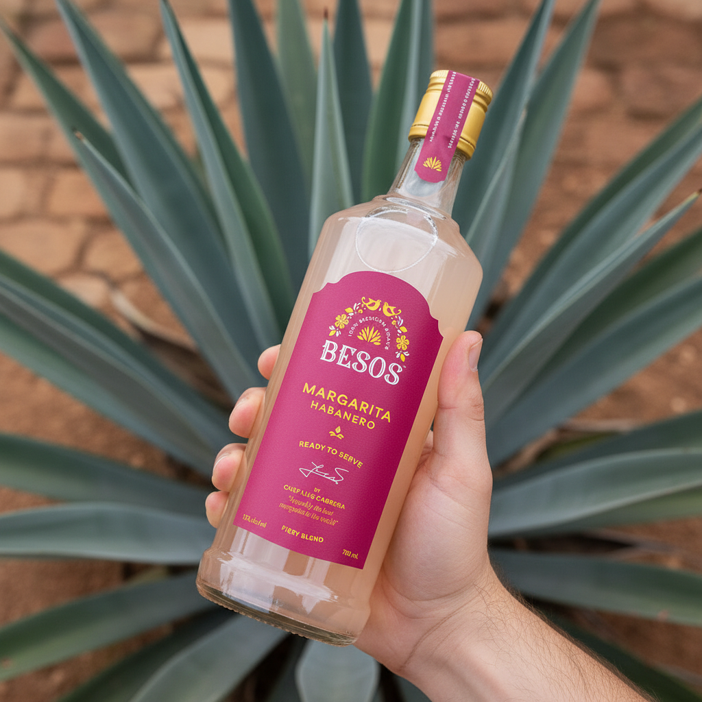 Load image into Gallery viewer, Hand holding a bottle of Besos Margarita Habanero ready to serve spicy cocktail  with a agave plant in the background