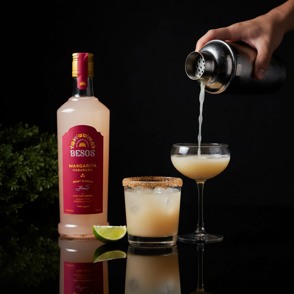 Load image into Gallery viewer, Besos Margarita Habanero ready to serve spicy cocktail  being poured into a glass with a lime wedge on a dark background