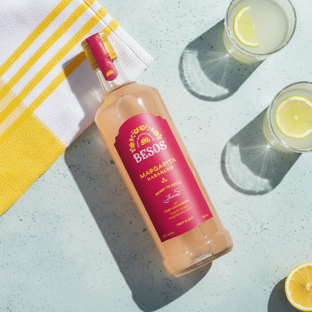 Load image into Gallery viewer, Bottle of Besos Margarita Habanero ready to serve spicy cocktail with two glasses of margaritas on a light blue surface.