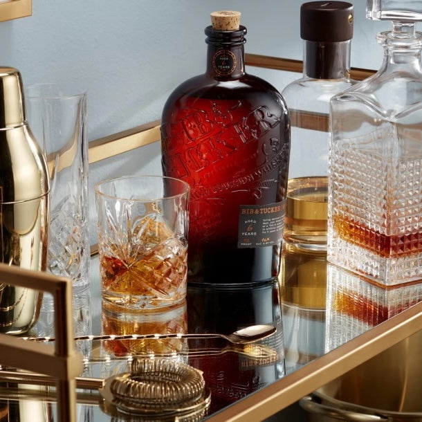 Load image into Gallery viewer, Bib &amp; Tucker 6YO Bourbon Whiskey and other fancy bottles on a glass tray