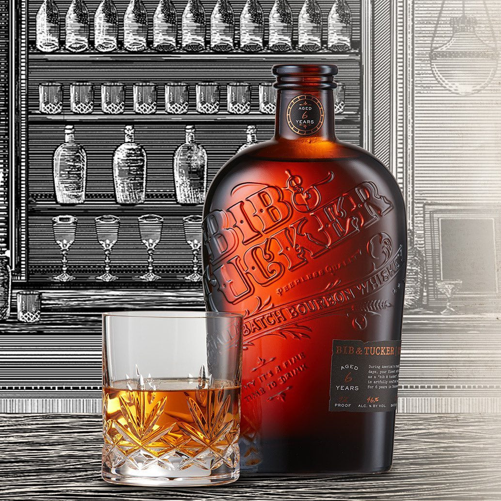 Load image into Gallery viewer, Bib &amp; Tucker 6YO Bourbon Whiskey and a neat glass of bourbon with a drawn background of bottles and glasses
