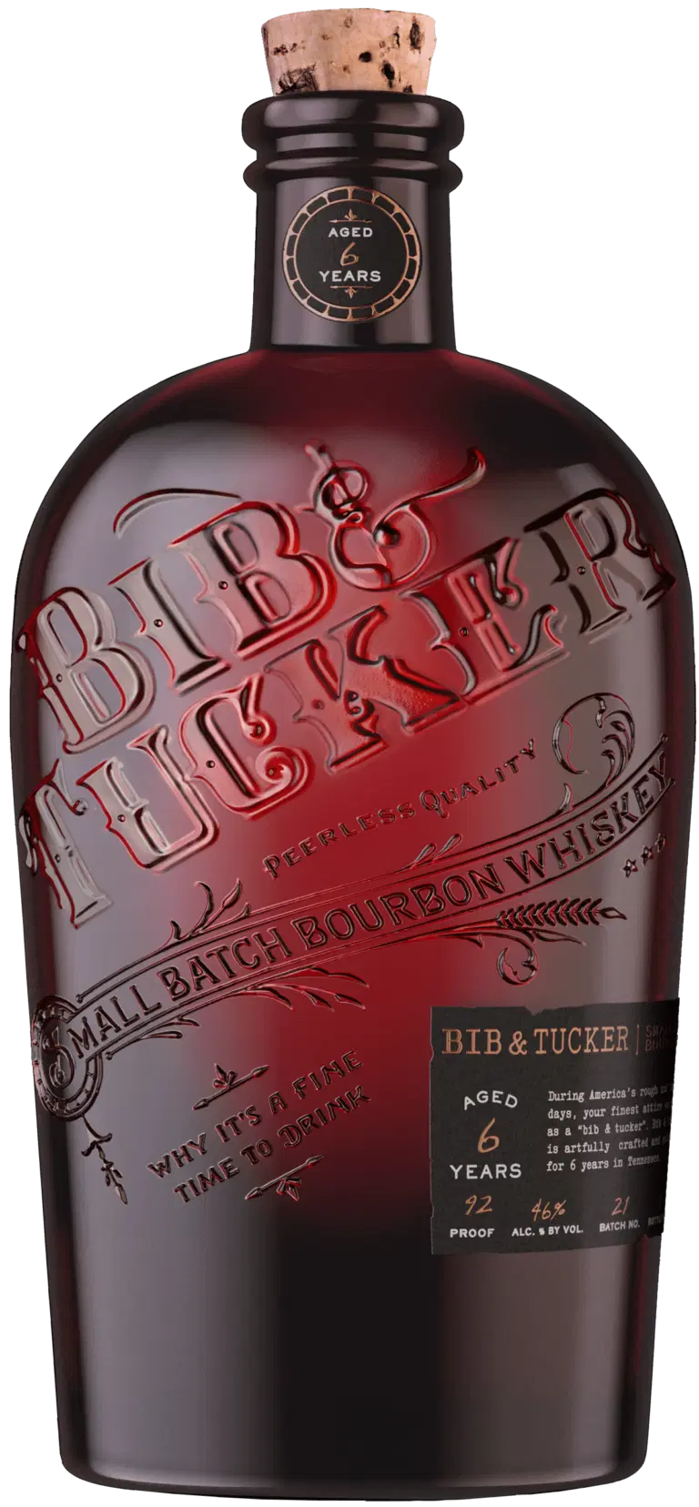 A photo of a Bib & Tucker 6YO Bourbon. A Small Batch American Whiskey in a stunning old fashioned Western bottle that will impress.