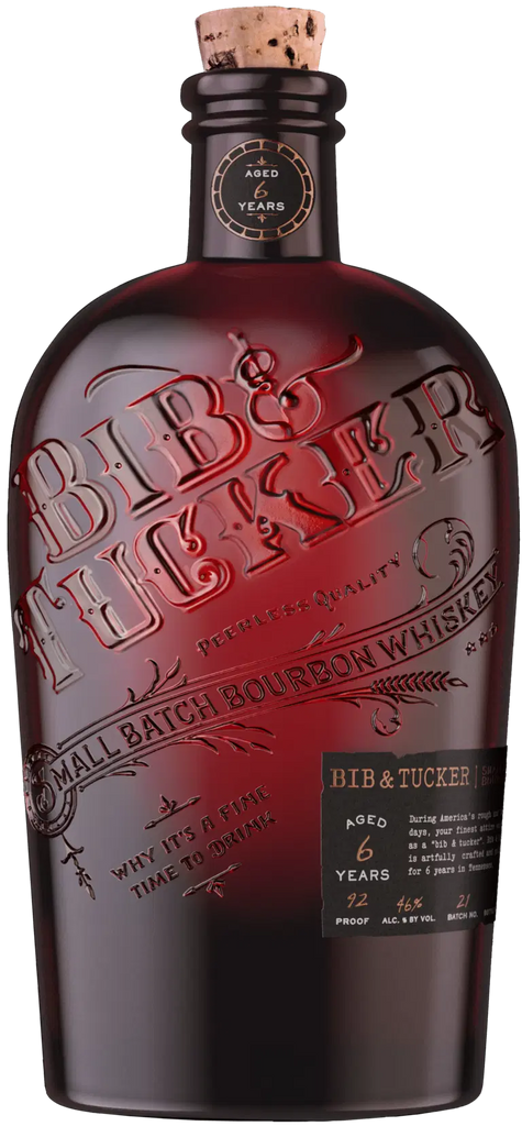A photo of a Bib & Tucker 6YO Bourbon. A Small Batch American Whiskey in a stunning old fashioned Western bottle that will impress.
