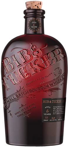 A photo of a Bib & Tucker 6YO Bourbon. A Small Batch American Whiskey in a stunning old fashioned Western bottle that will impress.