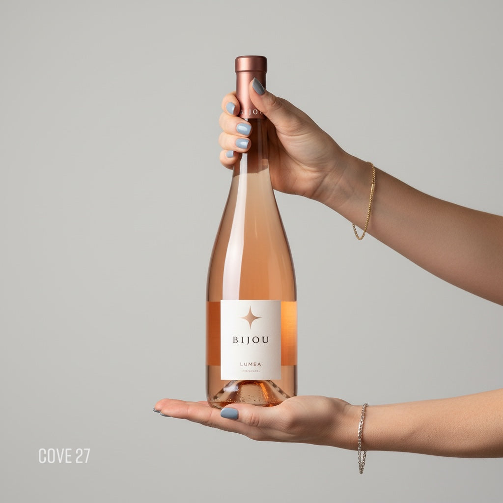 Load image into Gallery viewer, Bottle of Bijou LUMEA ROSÉ wine held by a hand against a grey background