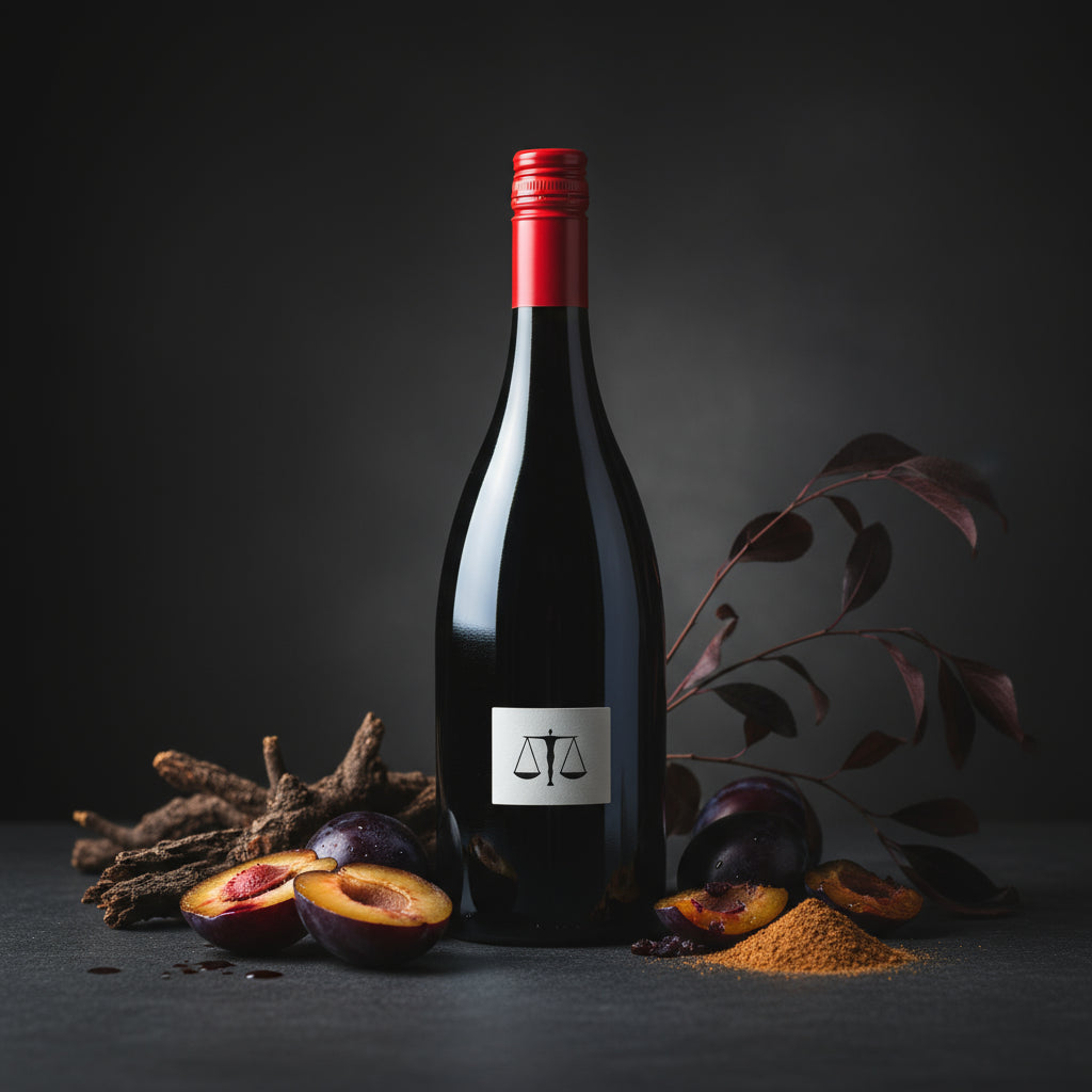 A bottle of Bilancia La Collina Syrah wine red wine bottle with a label featuring a balance scale, surrounded by plums and spices on a dark background.