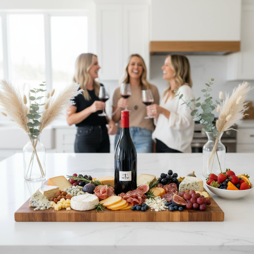 Three women in a kitchen enjoying a bottle of Bilancia La Collina Syrah wine and a charcuterie board with fruits and cheeses.
