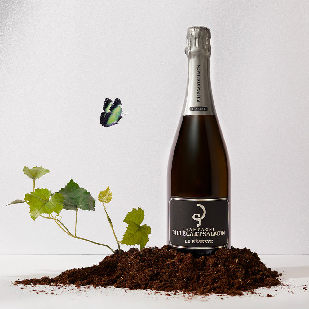 Load image into Gallery viewer, Bottle of Billecart-Salmon Le Reserve Champagne on a bed of soil with a plant and butterfly, against a white background