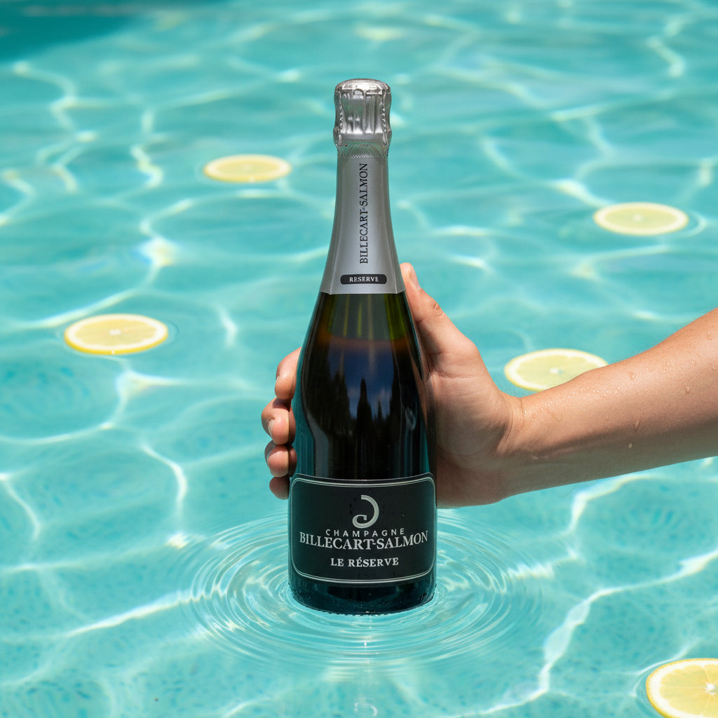 Load image into Gallery viewer, Bottle of Billecart-Salmon Le Reserve Champagne held over a pool with lemon slices.