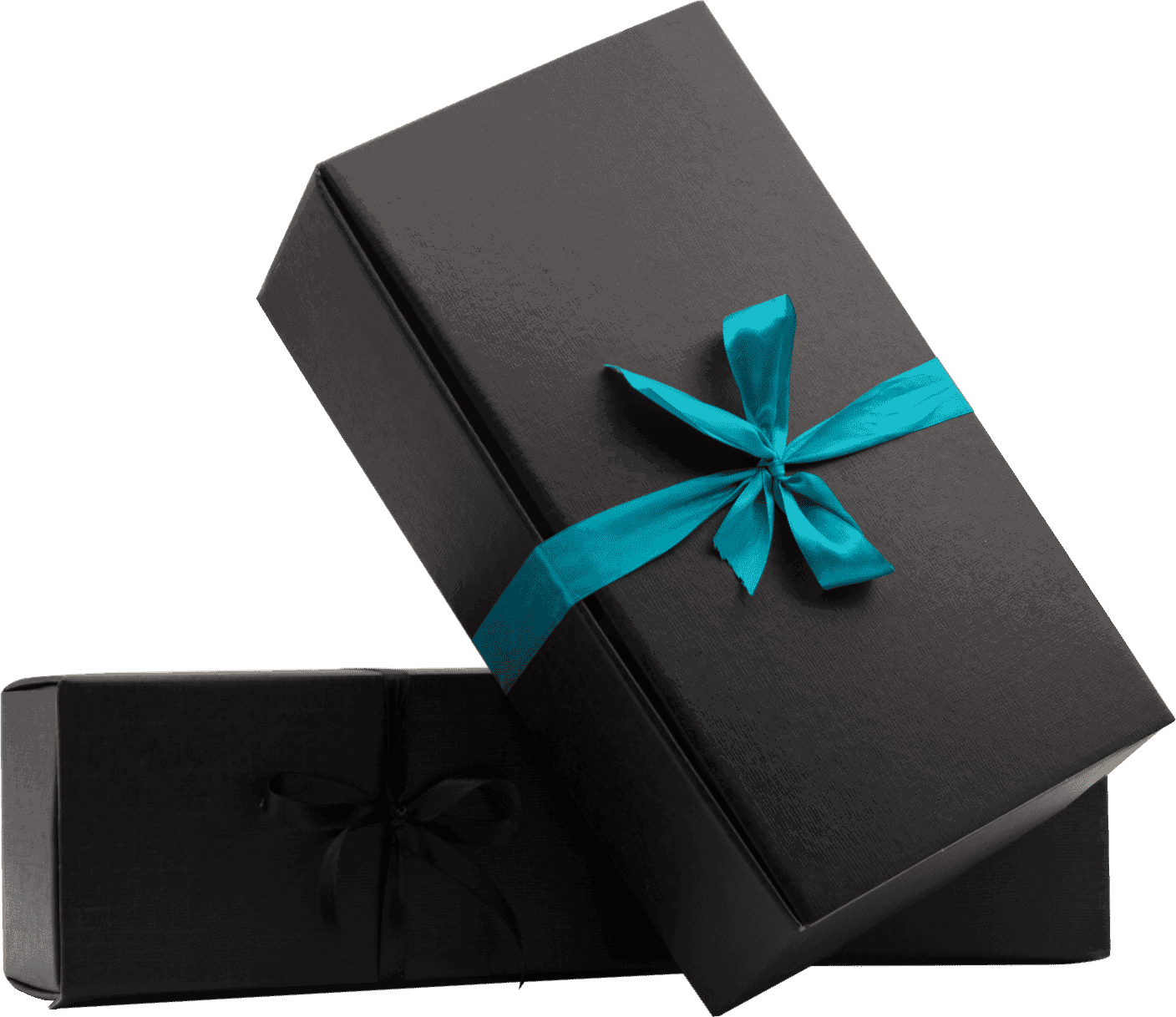 Load image into Gallery viewer, A black single bottle gift box with a teal ribbon bow on top.