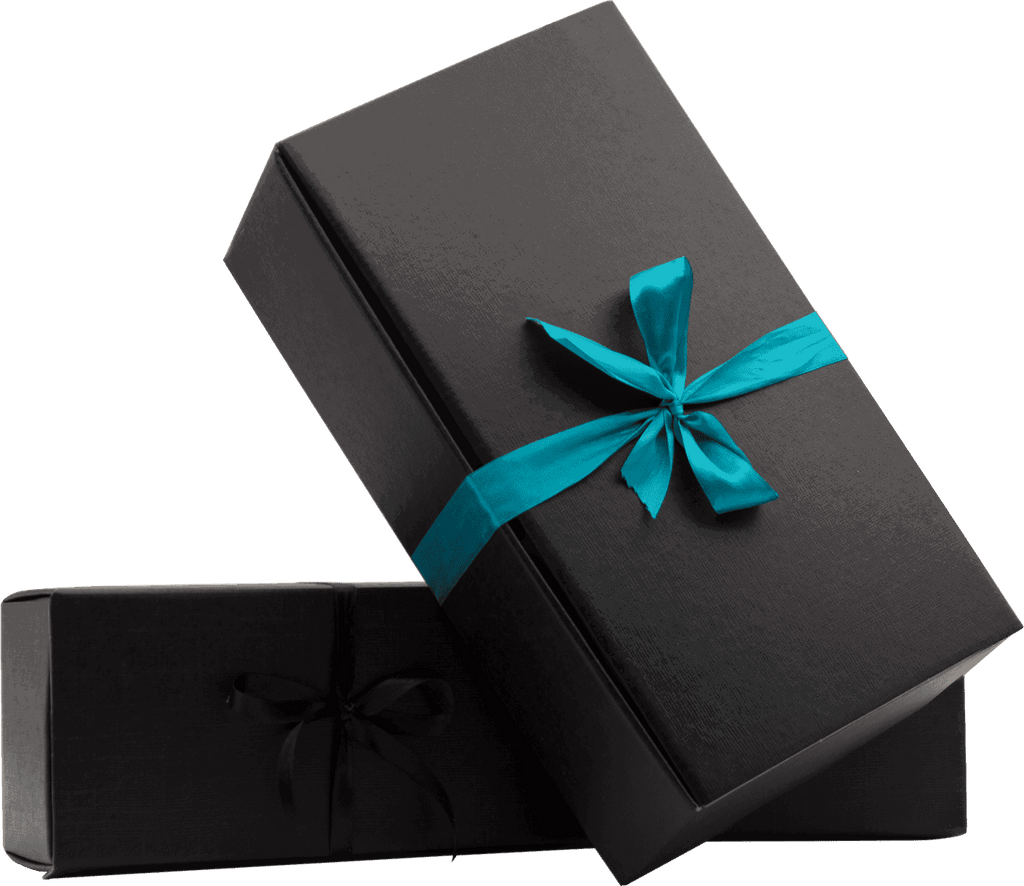 A black single bottle gift box with a teal ribbon bow on top.