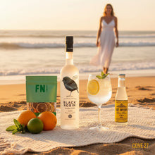 Load image into Gallery viewer, Bottle of Black Robin gin, a cocktail with  lime and ice, a East Imperial Yuzu Tonic  on a beach with a woman in the background
